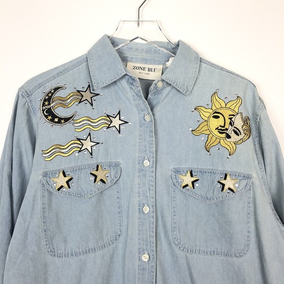 Vintage Denim Button Front Shirt Sun Moon Stars Applique Patches Rhinestones M - Picture 3 of 6